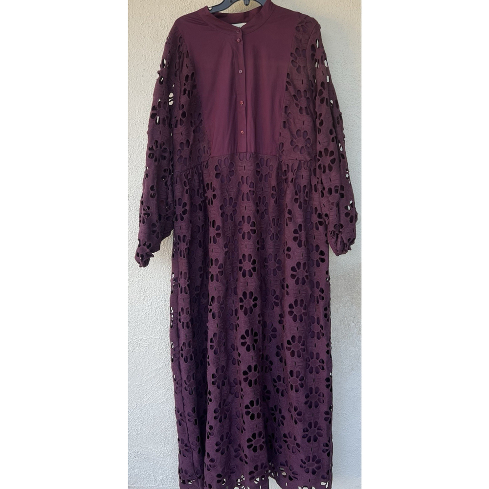 NWD Tuckernuck Maxi Dress 3XL Burgundy Calliope Merlot Lace Eyelet Puff Sleeve - Picture 4 of 10